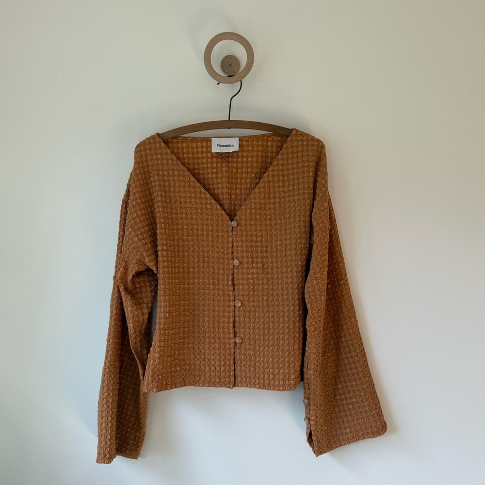 Nanushka Rust Brown Textured Seersucker Button Up Blouse Size Large